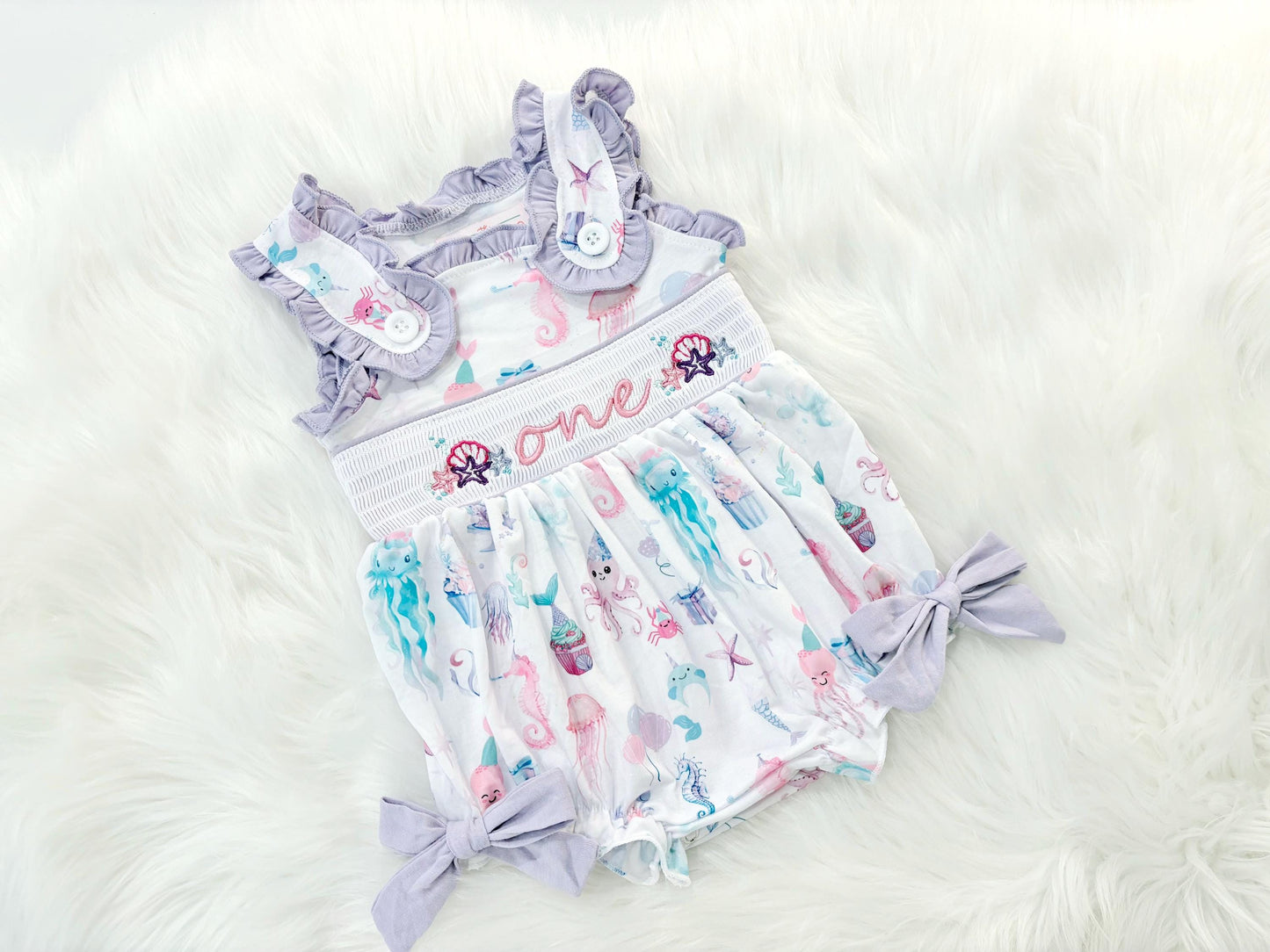 oneder the sea first birthday outfit bubble romper purple pink aqua turquoise ocean party and bows first birthday girl romper pink ruffle sea baby outfit, girls under the sea smocked bubble romper first birthday summer bows ruffle embroidered smocked seashell seahorse jellyfish 1st birthday outfit romper baby girl cake smash outfit summertime, pink turquoise yellow octopus