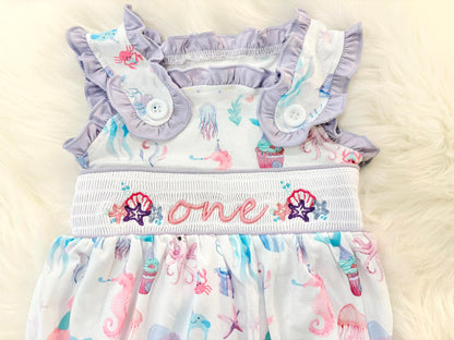 oneder the sea first birthday outfit bubble romper purple pink aqua turquoise ocean party and bows first birthday girl romper pink ruffle sea baby outfit, girls under the sea smocked bubble romper first birthday summer bows ruffle embroidered smocked seashell seahorse jellyfish 1st birthday outfit romper baby girl cake smash outfit summertime, pink turquoise yellow octopus