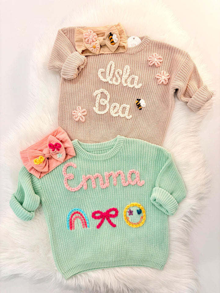 hand stitched kids toddler Girls Boys Chunky Knit Hand Embroidered Custom toddler Name Sweater, Oversized Sweater for boys girls, toddler girls sweater,  boys sweater, toddler boys sweater, colorful, rainbow letter neutral beige cream sweater with name, big sister sweater, big brother sweater, big brother gift, big sister gift, fall toddler outfit, custom toddler kids sweater