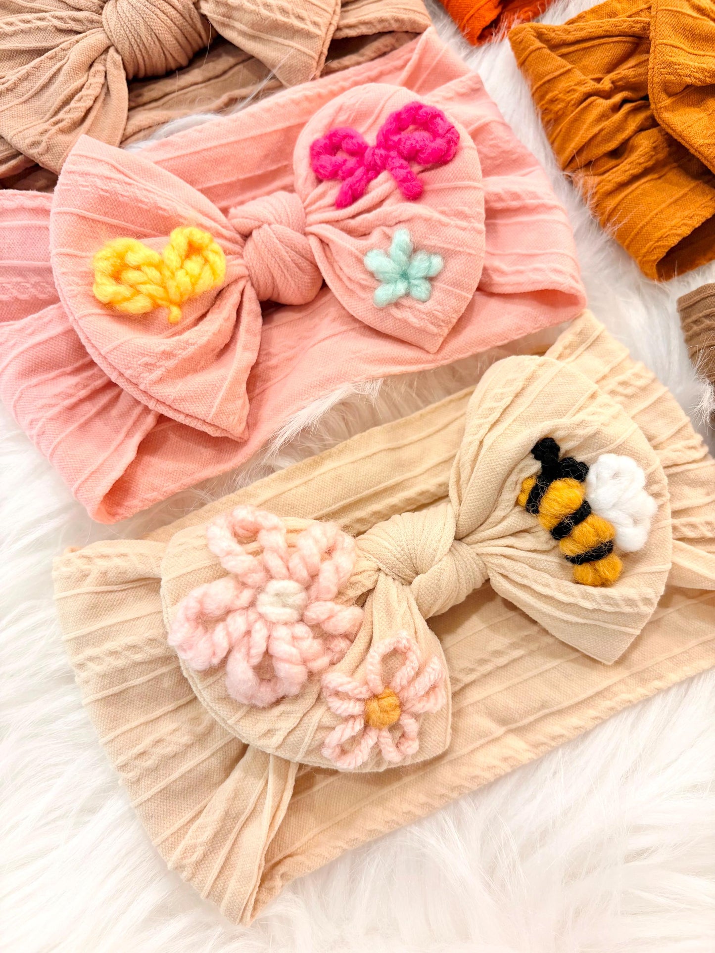 Baby Girl custom bow headband hand embroidered, nylon baby headband, toddler girls nylon headband, pink, purple cream ivory beige blue green gray orange tan brown beige light pink grey gray green blush, embroidered nylon headband bow baby girl toddler girl, baby girl custom hair accessory, flowers bows bee heart star