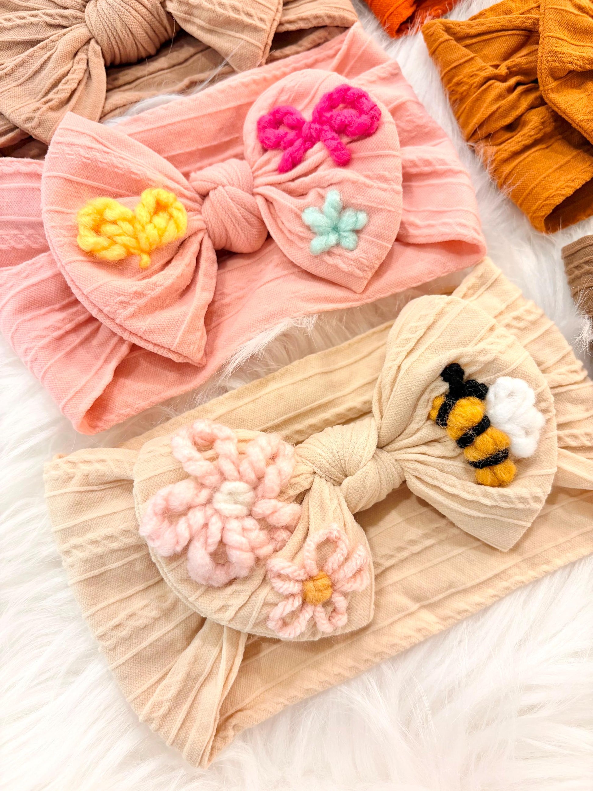 Baby Girl custom bow headband hand embroidered, nylon baby headband, toddler girls nylon headband, pink, purple cream ivory beige blue green gray orange tan brown beige light pink grey gray green blush, embroidered nylon headband bow baby girl toddler girl, baby girl custom hair accessory, flowers bows bee heart star