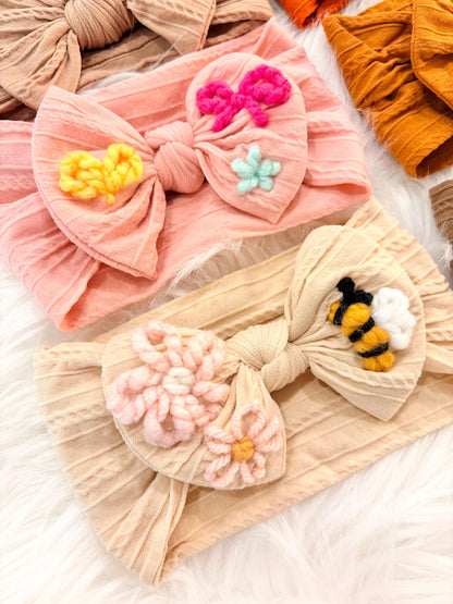 Baby Girl custom bow headband hand embroidered, nylon baby headband, toddler girls nylon headband, pink, purple cream ivory beige blue green gray orange tan brown beige light pink grey gray green blush, embroidered nylon headband bow baby girl toddler girl, baby girl custom hair accessory, flowers bows bee heart star