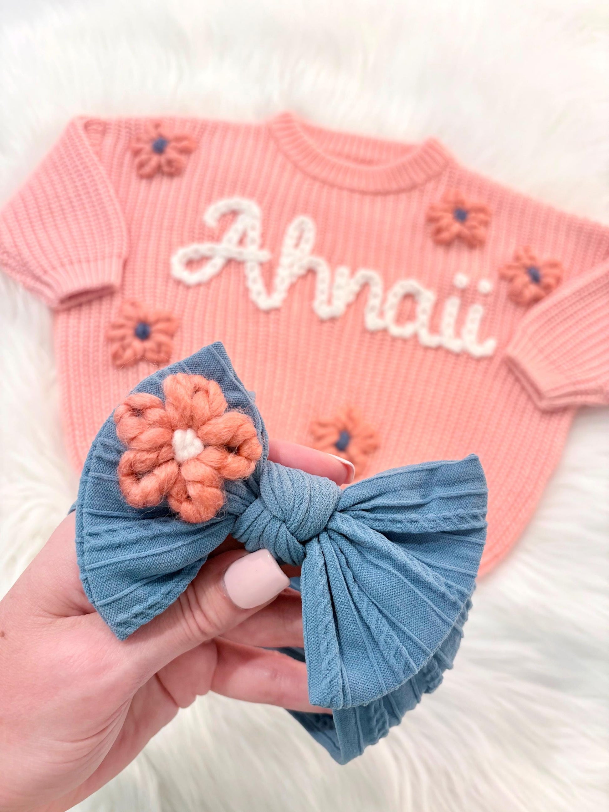 Baby Girl custom bow headband hand embroidered to match sweater, nylon baby headband, toddler girls nylon headband, pink, purple cream ivory beige blue green gray orange tan brown beige light pink grey gray green blush, embroidered nylon headband bow baby girl toddler girl, baby girl custom hair accessory