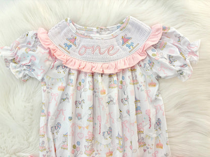 carousel merry go round girls first birthday bubble romper outfit pink bows first birthday girl romper pink and white outfit, pink blue green white pastel smocked romper first birthday embroidered carousel smocked short sleeve 1st birthday outfit ruffle outfit baby girls, the mod mango baby boutique co
