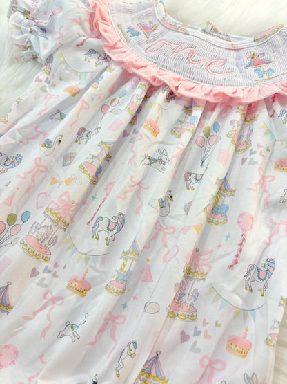 carousel merry go round girls first birthday bubble romper outfit pink bows first birthday girl romper pink and white outfit, pink blue green white pastel smocked romper first birthday embroidered carousel smocked short sleeve 1st birthday outfit ruffle outfit baby girls, the mod mango baby boutique co