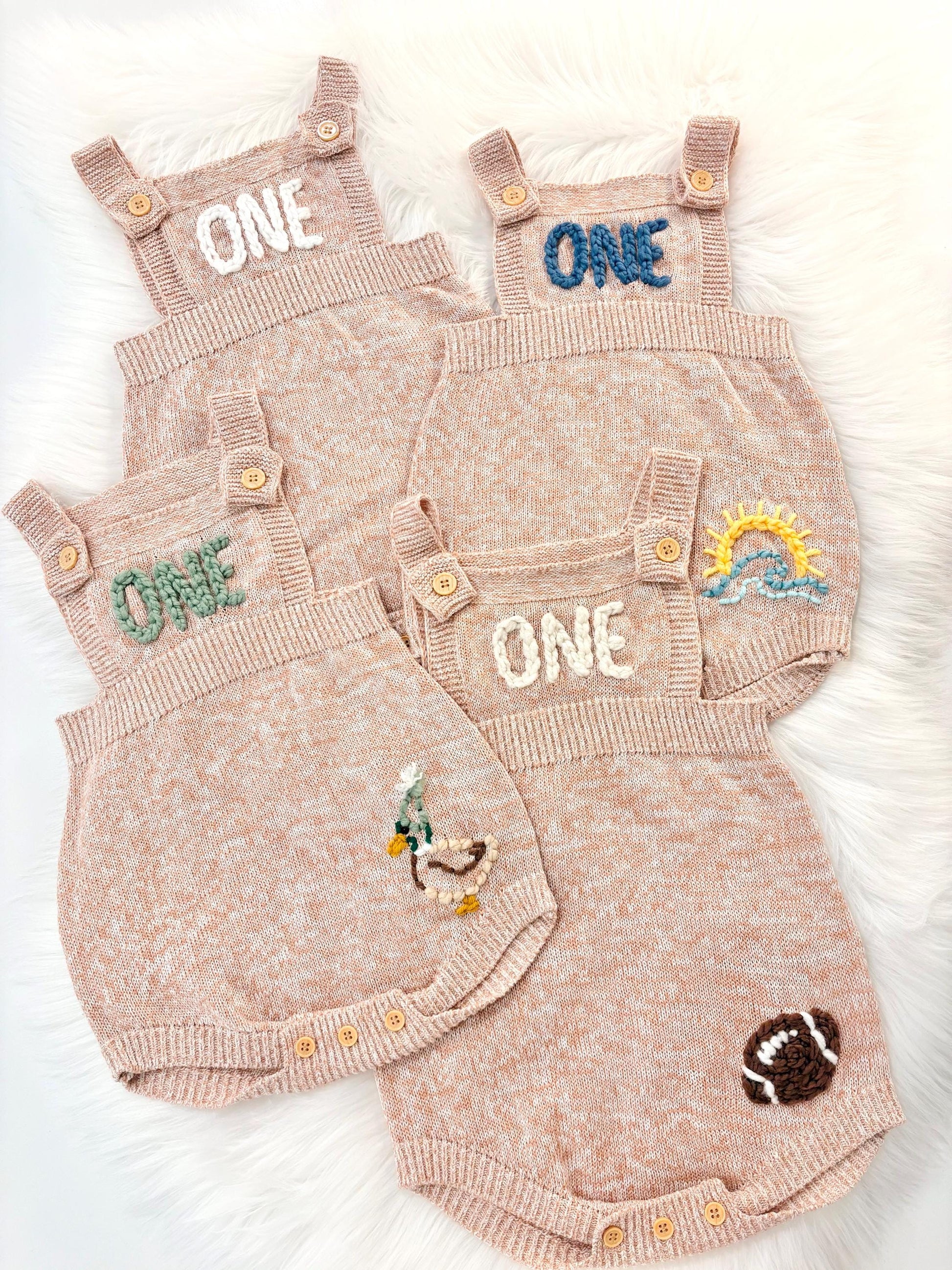 ONE boys neutral tan brown cream boho First Birthday Outfit, 1st Birthday romper outfit baby boy, beary first, green blue cream white knitted knit baby romper, winter spring summer birthday, boho neutrals birthday boy suspenders outfit romper, one lucky duck, one in the sun, the big one wave, football, first year down