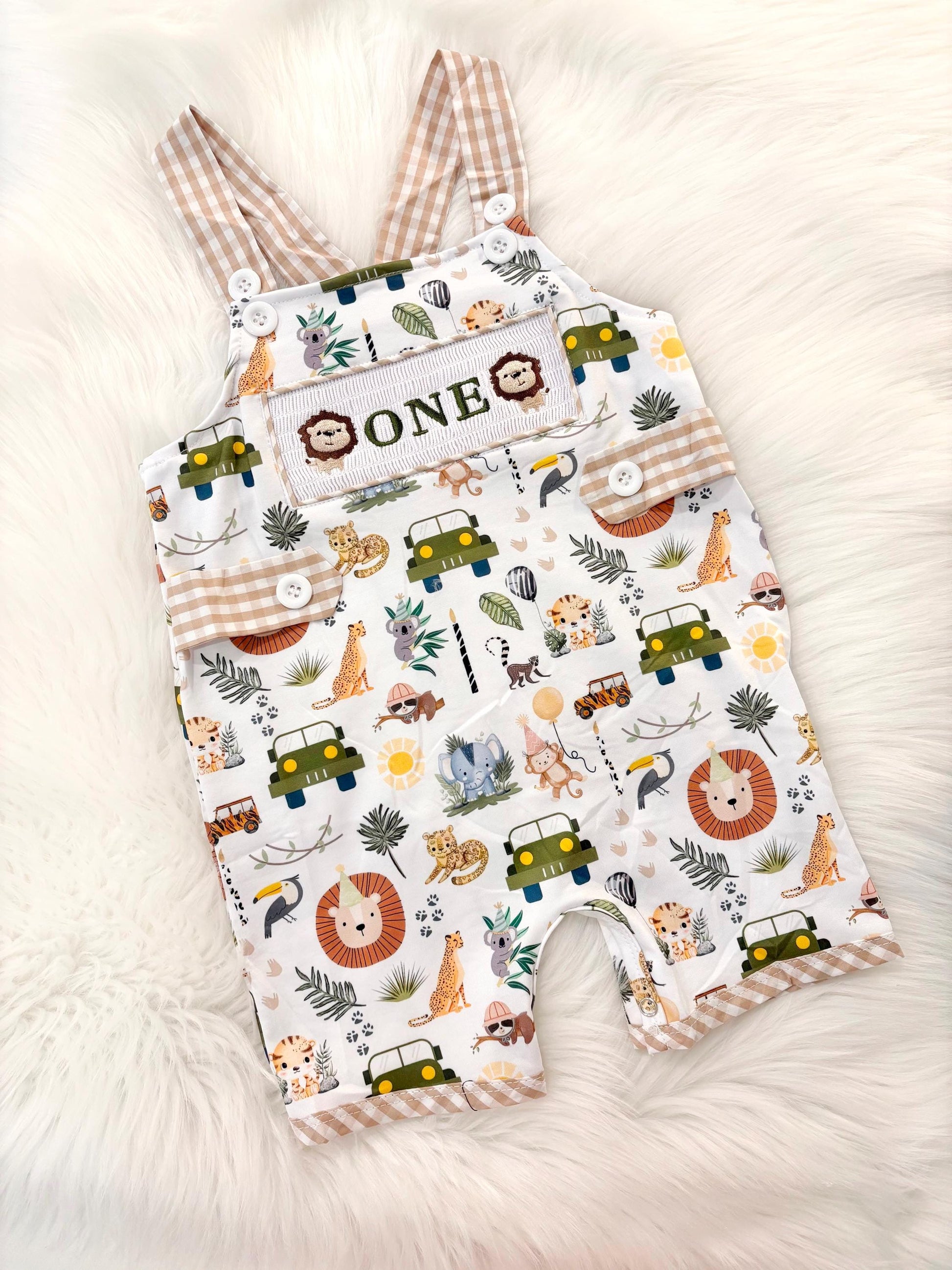 wild one safari first birthday boy romper camping hunter green white gingham tan beige brown smash cake outfit overalls, ONE smocked romper first birthday wild one safari, animals lion embroidered smocked spring summer 1st birthday boy outfit romper baby boys cake smash outfit, the mod mango baby boutique co