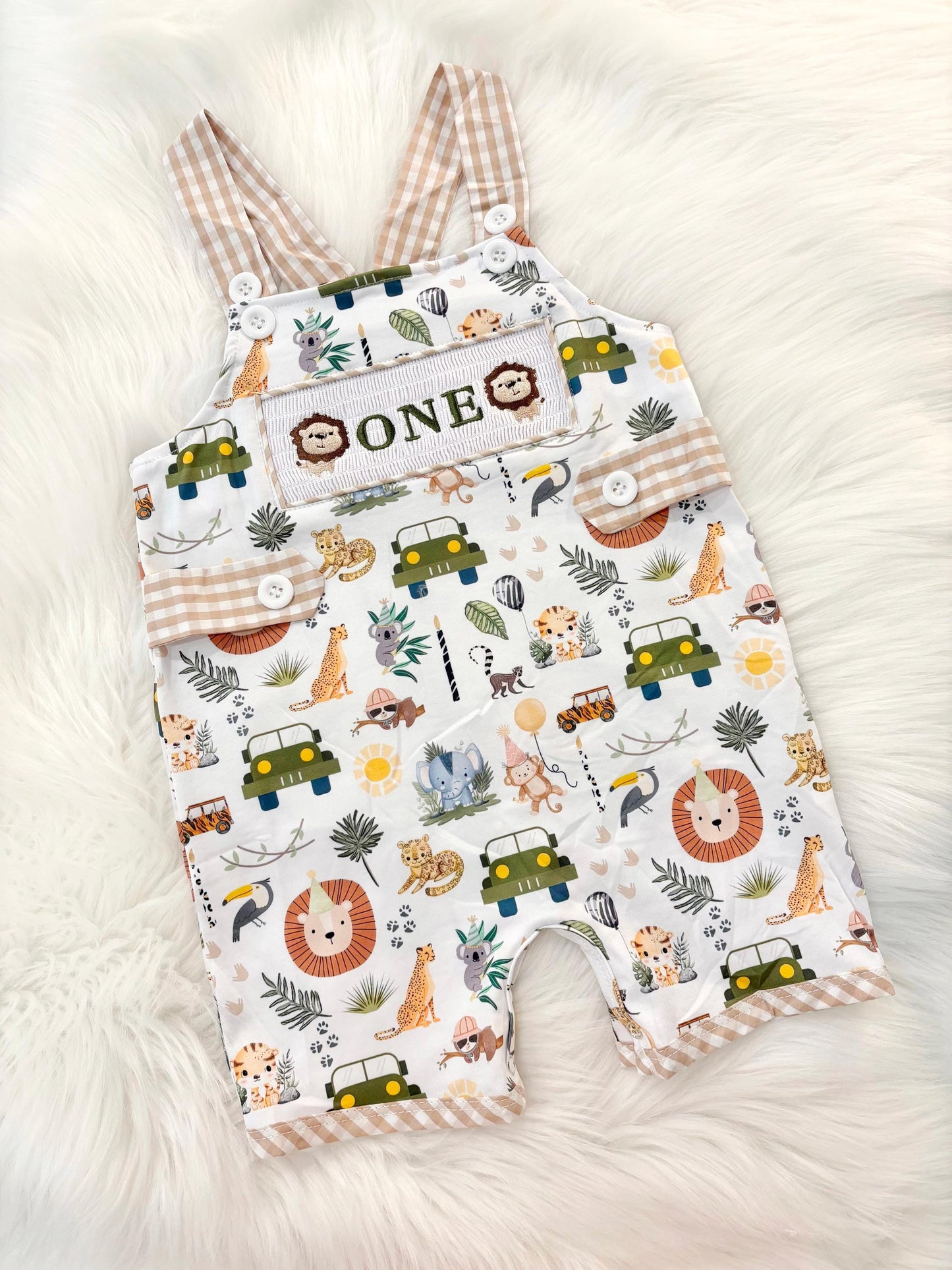 wild one safari cake smash outfit first birthday boy romper camping hunter green white gingham tan beige brown smash cake outfit overalls, ONE smocked romper first birthday wild one safari, animals lion embroidered smocked spring summer 1st birthday boy outfit romper baby boys cake smash outfit, the mod mango baby boutique co