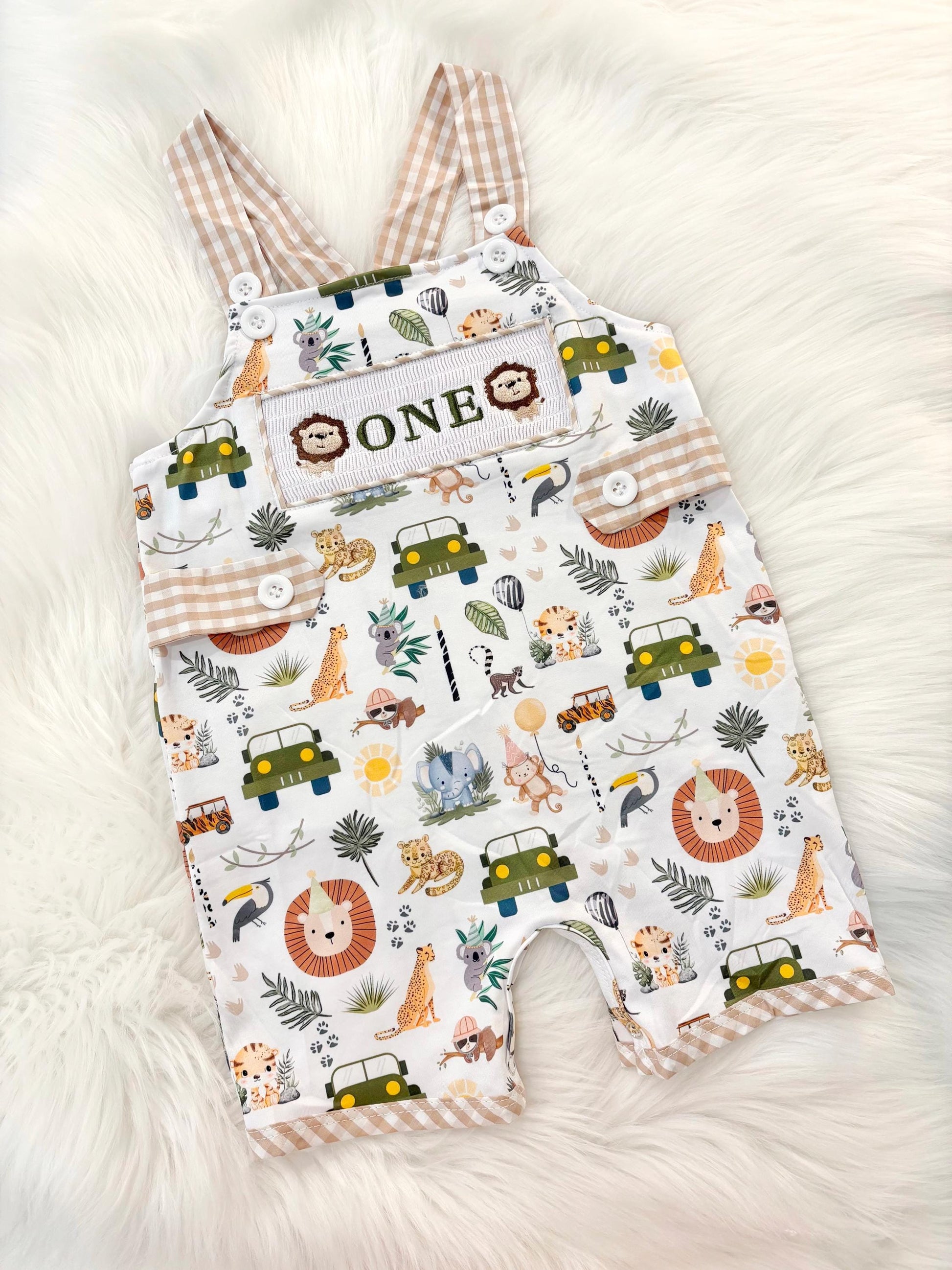 wild one safari cake smash outfit first birthday boy romper camping hunter green white gingham tan beige brown smash cake outfit overalls, ONE smocked romper first birthday wild one safari, animals lion embroidered smocked spring summer 1st birthday boy outfit romper baby boys cake smash outfit, the mod mango baby boutique co