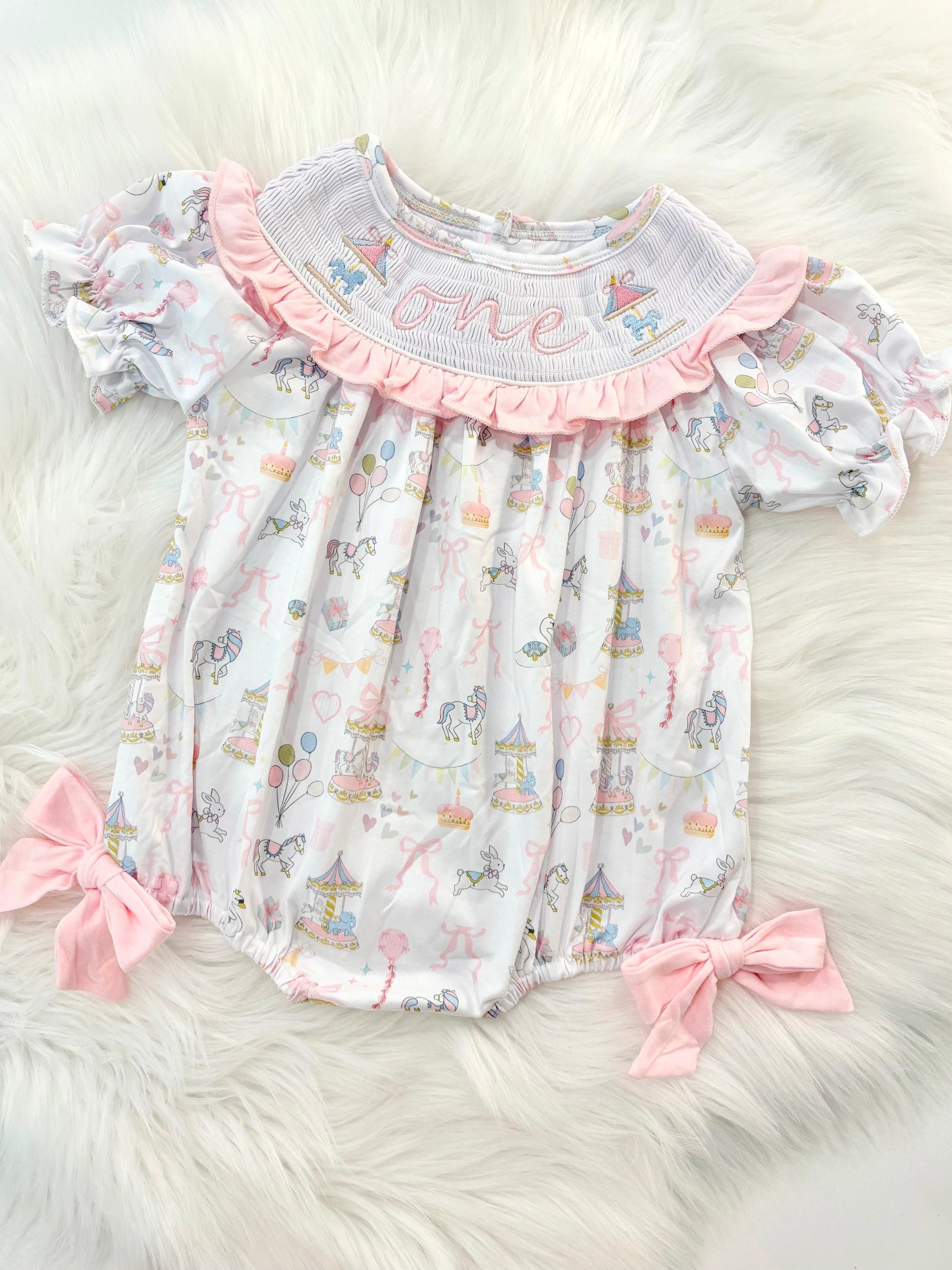 carousel merry go round girls first birthday bubble romper outfit pink bows first birthday girl romper pink and white outfit, pink blue green white pastel smocked romper first birthday embroidered carousel smocked short sleeve 1st birthday outfit ruffle outfit baby girls, the mod mango baby boutique co