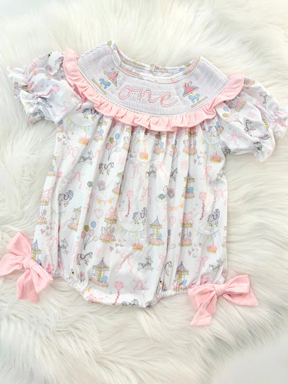 carousel merry go round girls first birthday bubble romper outfit pink bows first birthday girl romper pink and white outfit, pink blue green white pastel smocked romper first birthday embroidered carousel smocked short sleeve 1st birthday outfit ruffle outfit baby girls, the mod mango baby boutique co
