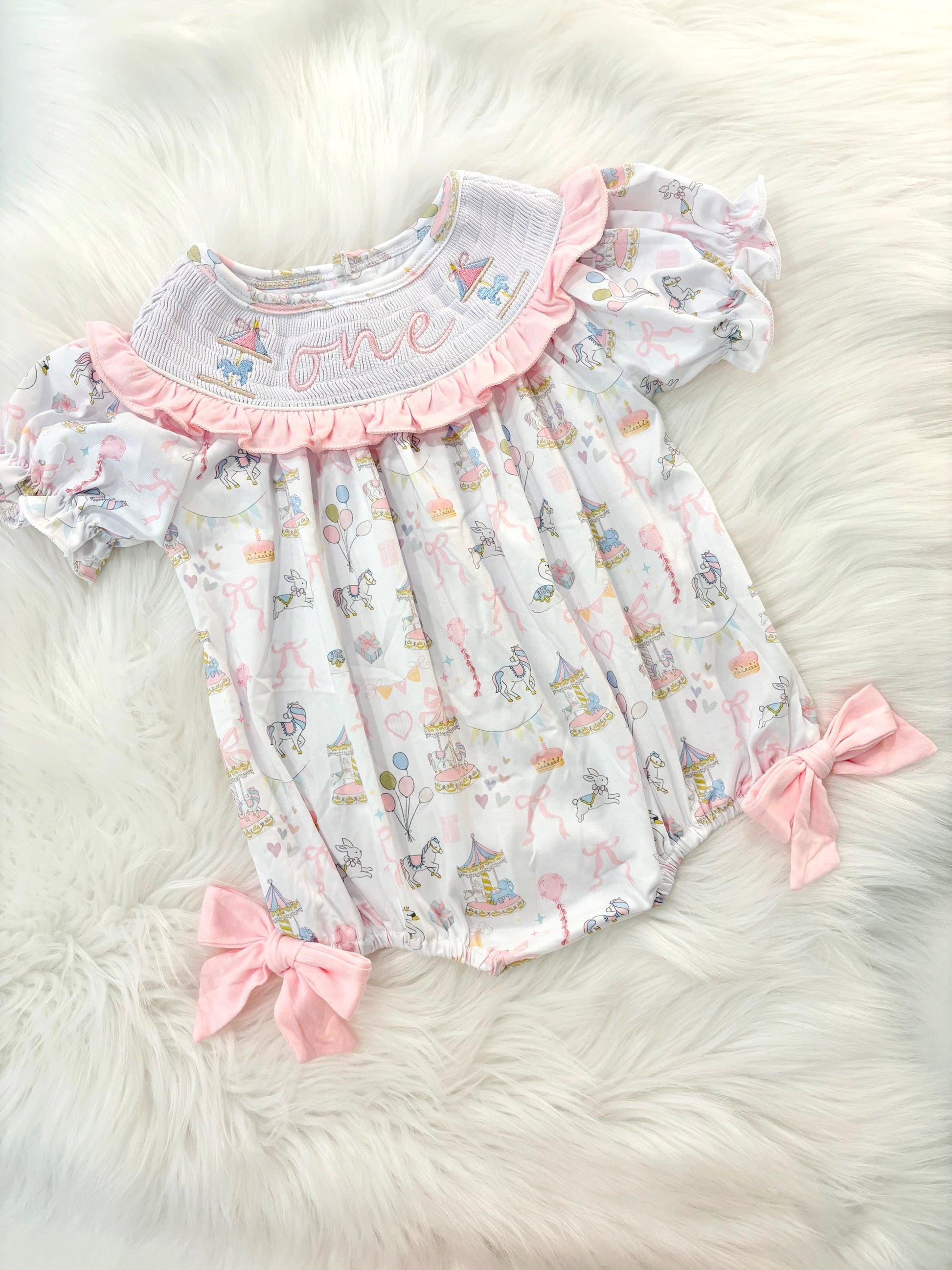 carousel merry go round girls first birthday bubble romper outfit pink bows first birthday girl romper pink and white outfit, pink blue green white pastel smocked romper first birthday embroidered carousel smocked short sleeve 1st birthday outfit ruffle outfit baby girls, the mod mango baby boutique co