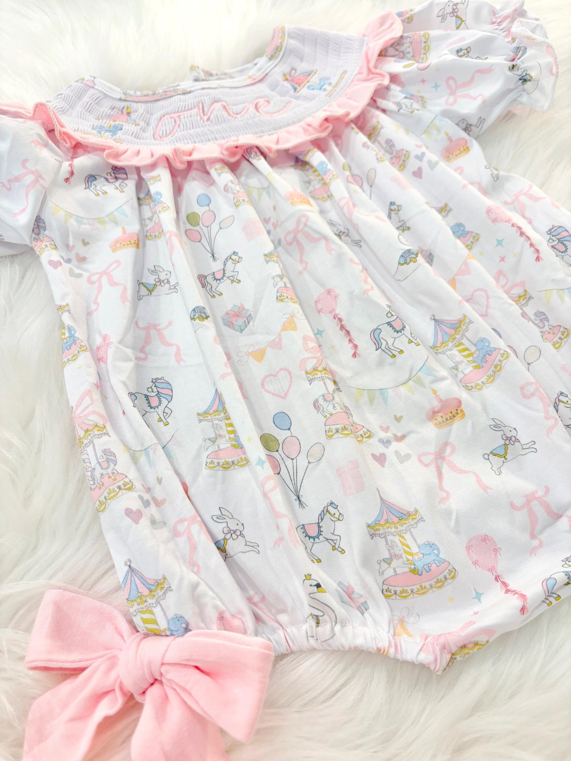 carousel merry go round girls first birthday bubble romper outfit pink bows first birthday girl romper pink and white outfit, pink blue green white pastel smocked romper first birthday embroidered carousel smocked short sleeve 1st birthday outfit ruffle outfit baby girls, the mod mango baby boutique co