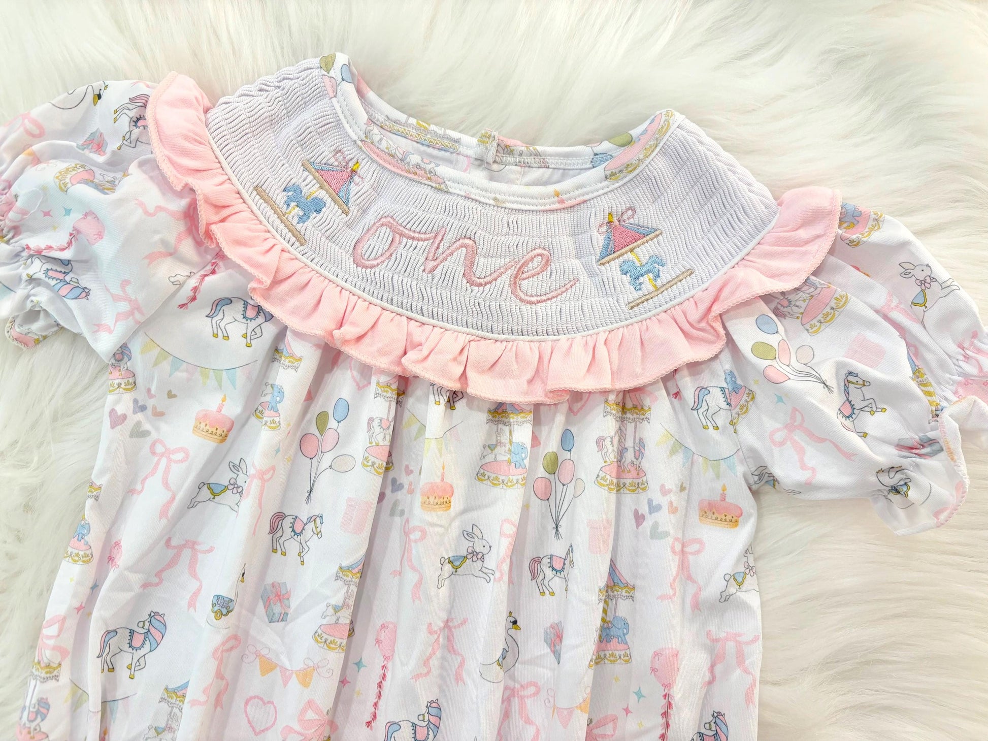 carousel merry go round girls first birthday bubble romper outfit pink bows first birthday girl romper pink and white outfit, pink blue green white pastel smocked romper first birthday embroidered carousel smocked short sleeve 1st birthday outfit ruffle outfit baby girls, the mod mango baby boutique co