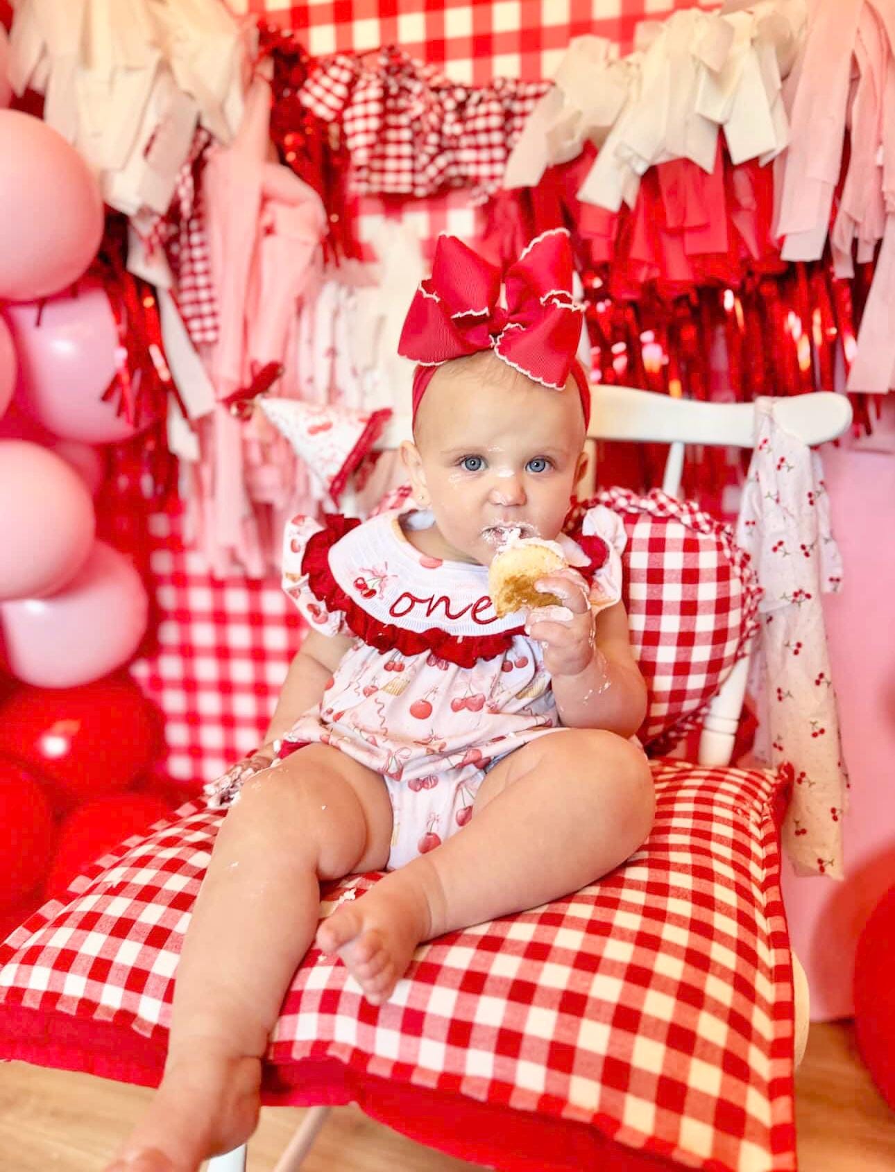 red cherries and pink bows first birthday girl romper pink red and white outfit, girls cherry sweet red white smocked bubble romper first birthday spring summer bows ruffle embroidered smocked short flutter sleeve 1st birthday outfit romper baby girl