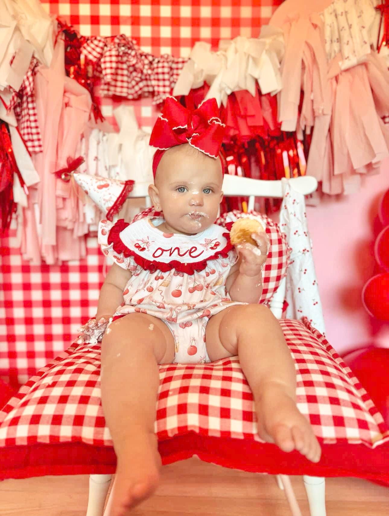 red cherries and pink bows first birthday girl romper pink red and white outfit, girls cherry sweet red white smocked bubble romper first birthday spring summer bows ruffle embroidered smocked short flutter sleeve 1st birthday outfit romper baby girl