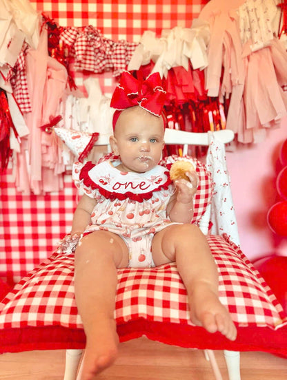 red cherries and pink bows first birthday girl romper pink red and white outfit, girls cherry sweet red white smocked bubble romper first birthday spring summer bows ruffle embroidered smocked short flutter sleeve 1st birthday outfit romper baby girl