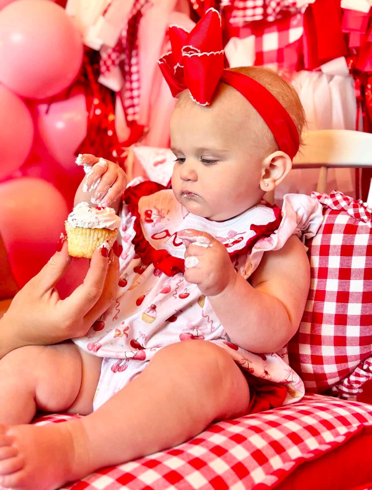 Cherry First Birthday Smocked Romper: Red & Pink Outfit