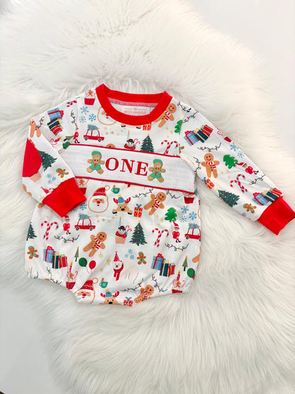 christmas gingerbread one shirt first birthday boy romper red white green blue tan holiday outfit, ONE smocked bubble romper first birthday christmas oh what fun candy canes christmas trees boys, santa claus embroidered smocked 1st birthday outfit romper baby boys, the mod mango baby co baby boutique
