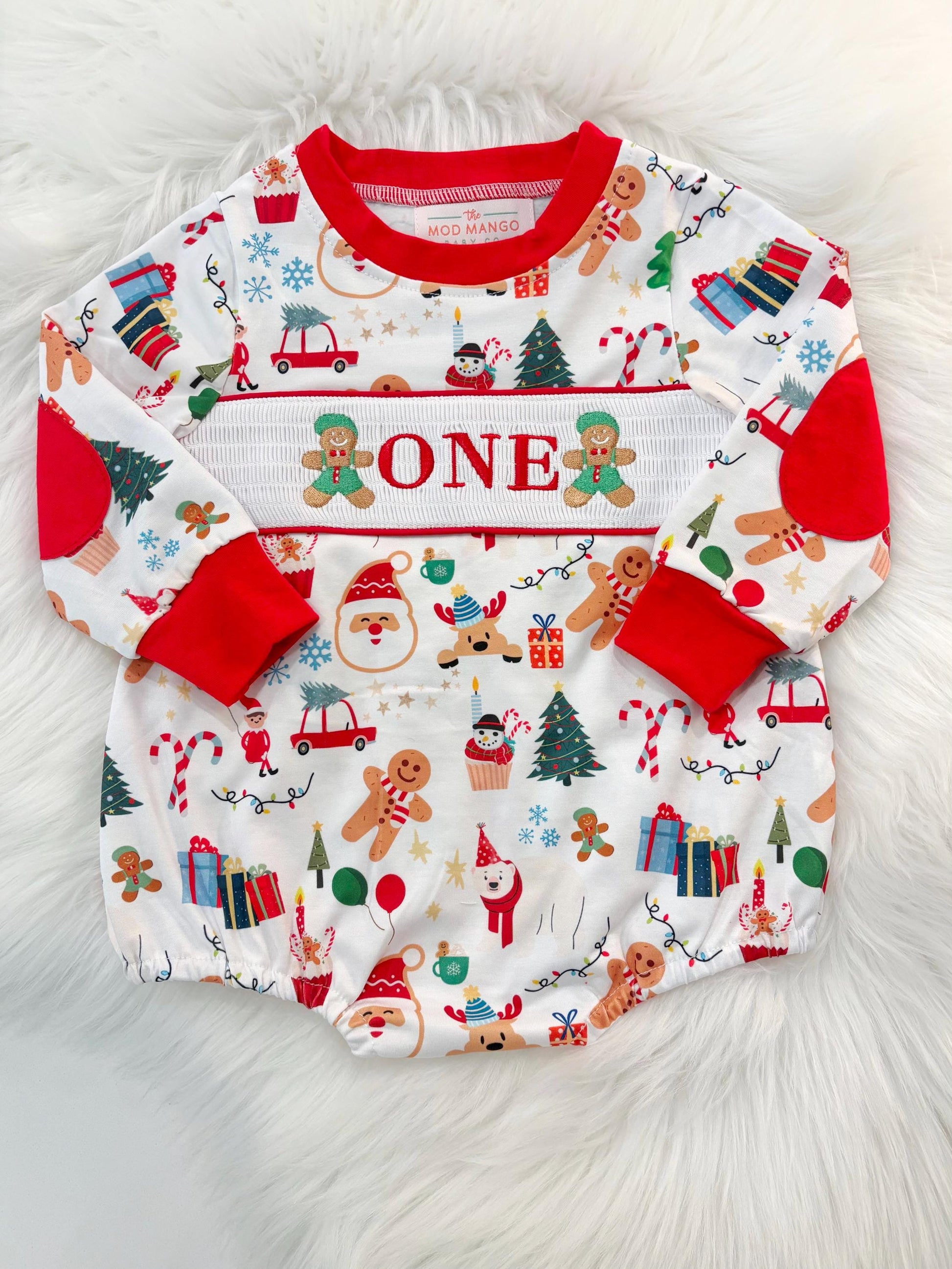 christmas gingerbread one shirt first birthday boy romper red white green blue tan holiday outfit, ONE smocked bubble romper first birthday christmas oh what fun candy canes christmas trees boys, santa claus embroidered smocked 1st birthday outfit romper baby boys, the mod mango baby co baby boutique