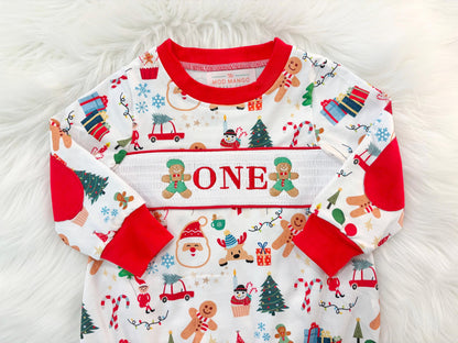 christmas gingerbread one shirt first birthday boy romper red white green blue tan holiday outfit, ONE smocked bubble romper first birthday christmas oh what fun candy canes christmas trees boys, santa claus embroidered smocked 1st birthday outfit romper baby boys, the mod mango baby co baby boutique