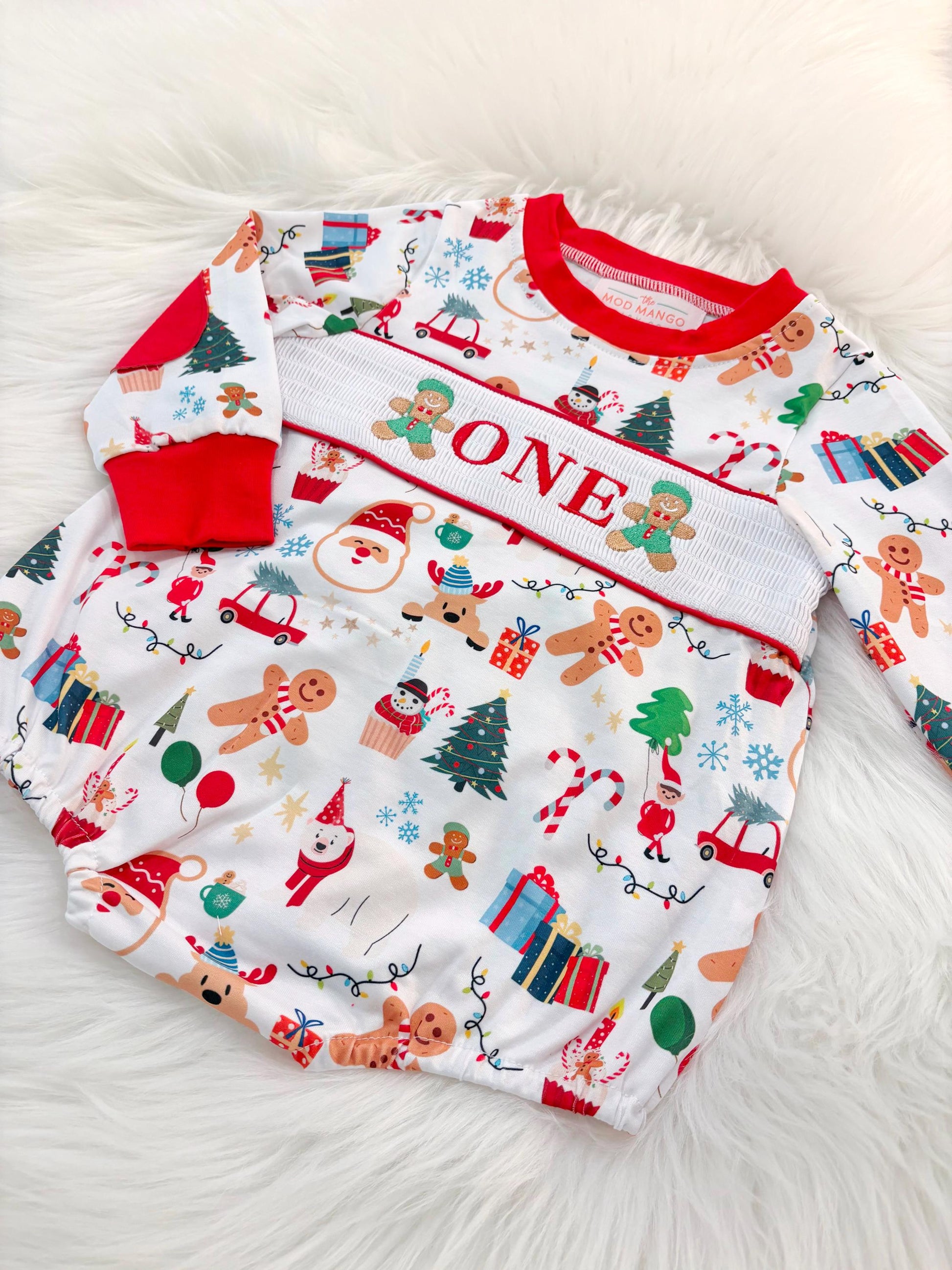 christmas gingerbread one shirt first birthday boy romper red white green blue tan holiday outfit, ONE smocked bubble romper first birthday christmas oh what fun candy canes christmas trees boys, santa claus embroidered smocked 1st birthday outfit romper baby boys, the mod mango baby co baby boutique
