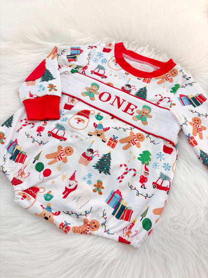 christmas gingerbread one shirt first birthday boy romper red white green blue tan holiday outfit, ONE smocked bubble romper first birthday christmas oh what fun candy canes christmas trees boys, santa claus embroidered smocked 1st birthday outfit romper baby boys, the mod mango baby co baby boutique