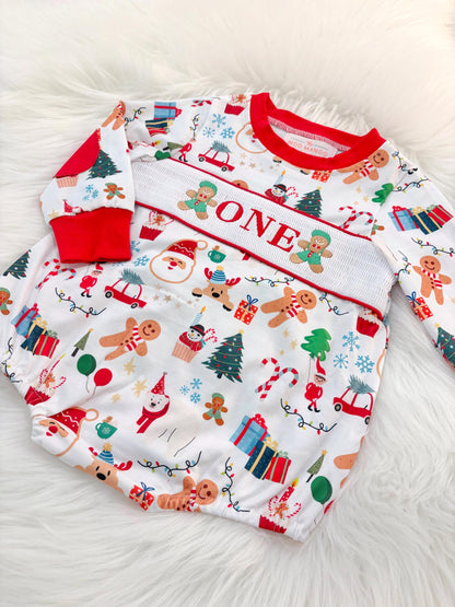 christmas gingerbread one shirt first birthday boy romper red white green blue tan holiday outfit, ONE smocked bubble romper first birthday christmas oh what fun candy canes christmas trees boys, santa claus embroidered smocked 1st birthday outfit romper baby boys, the mod mango baby co baby boutique