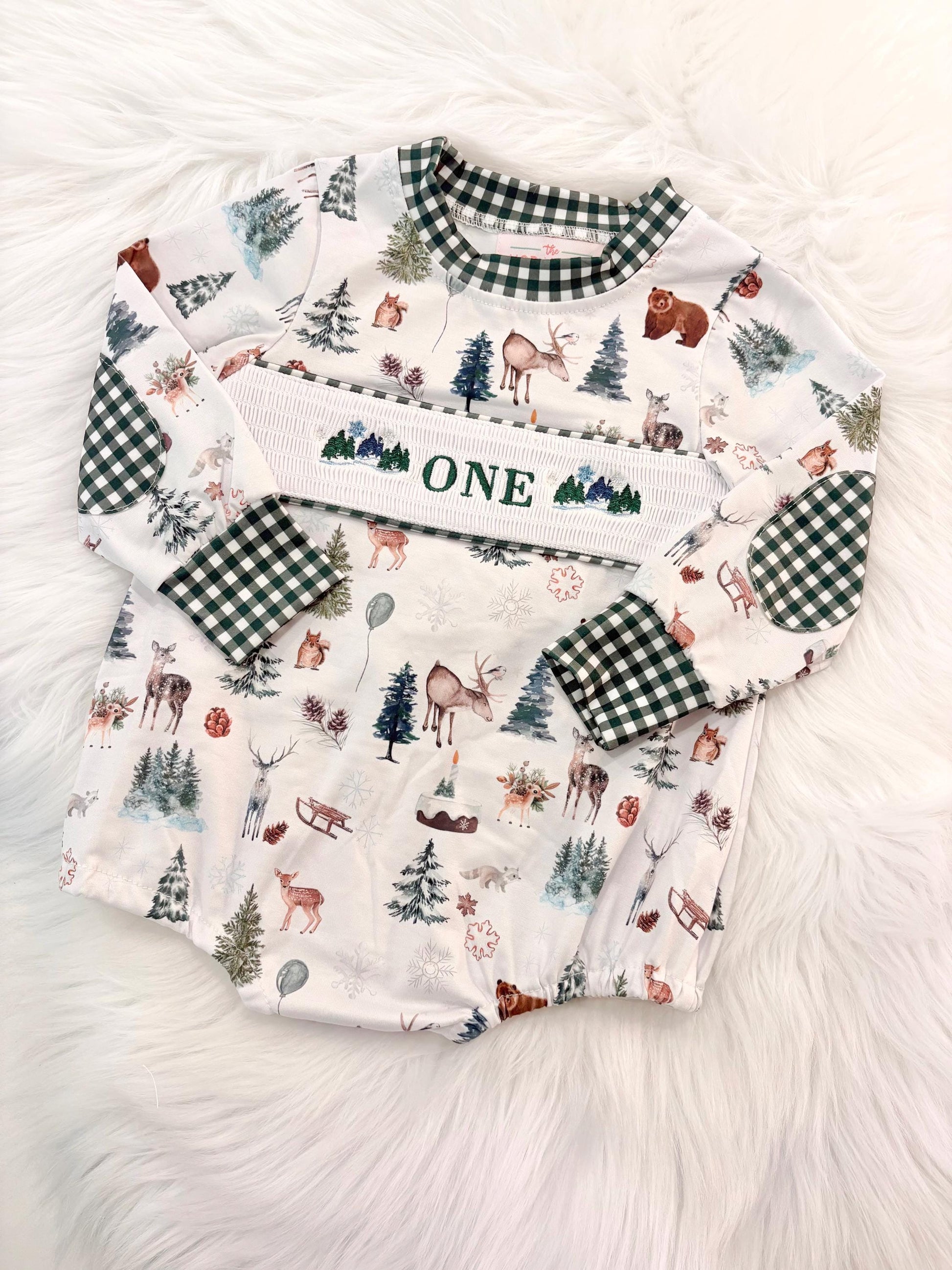 Christmas winter onederland wonderland shirt first birthday boy romper holiday blue brown hunter green white gingham checkered outfit, ONE smocked bubble romper first birthday bear pine trees deer woodland animals, snowflake and pine trees embroidered smocked 1st birthday outfit romper baby boys, the mod mango baby co baby boutique