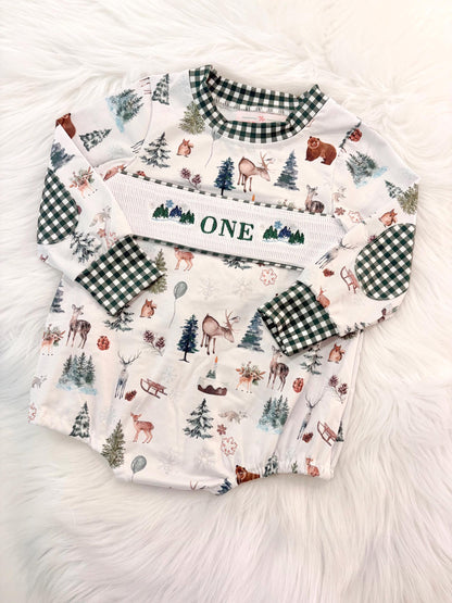 Christmas winter onederland wonderland shirt first birthday boy romper holiday blue brown hunter green white gingham checkered outfit, ONE smocked bubble romper first birthday bear pine trees deer woodland animals, snowflake and pine trees embroidered smocked 1st birthday outfit romper baby boys, the mod mango baby co baby boutique