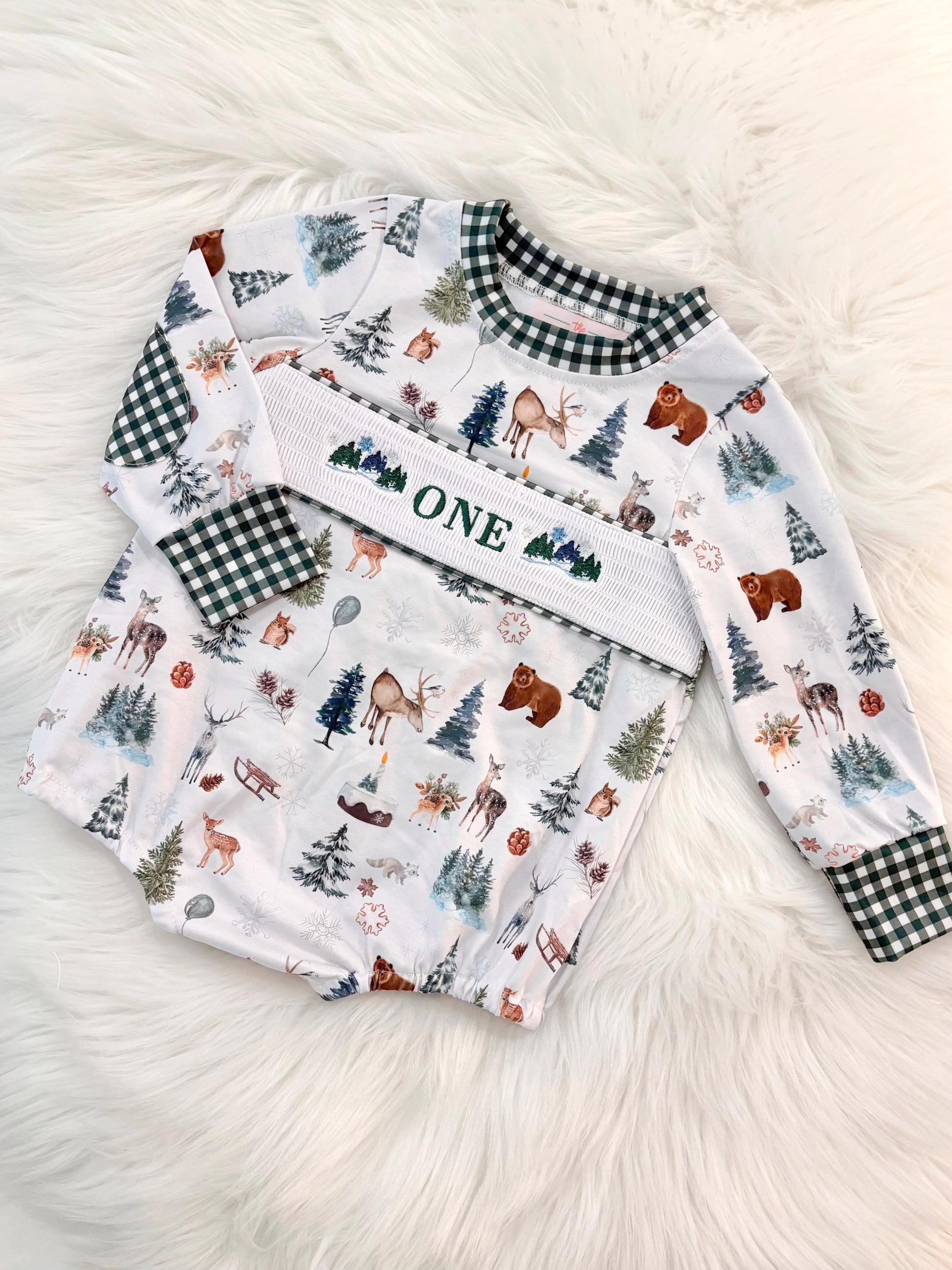 Christmas winter onederland wonderland shirt first birthday boy romper holiday blue brown hunter green white gingham checkered outfit, ONE smocked bubble romper first birthday bear pine trees deer woodland animals, snowflake and pine trees embroidered smocked 1st birthday outfit romper baby boys, the mod mango baby co baby boutique