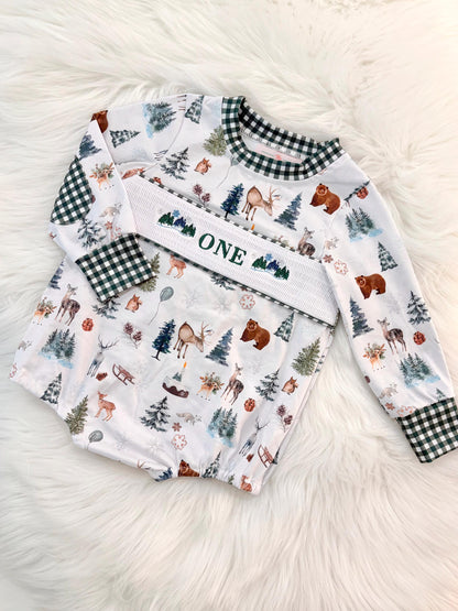 Christmas winter onederland wonderland shirt first birthday boy romper holiday blue brown hunter green white gingham checkered outfit, ONE smocked bubble romper first birthday bear pine trees deer woodland animals, snowflake and pine trees embroidered smocked 1st birthday outfit romper baby boys, the mod mango baby co baby boutique