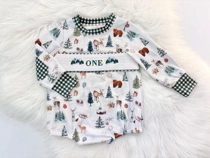 Christmas winter onederland wonderland shirt first birthday boy romper holiday blue brown hunter green white gingham checkered outfit, ONE smocked bubble romper first birthday bear pine trees deer woodland animals, snowflake and pine trees embroidered smocked 1st birthday outfit romper baby boys, the mod mango baby co baby boutique