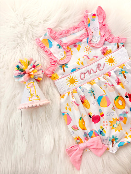one in the sun first birthday outfit bubble romper hot pink pool party and bows first birthday girl romper pink ruffle beach baby outfit, girls sunshine sun smocked bubble romper first birthday summer bows ruffle embroidered smocked beach ball floaties 1st birthday outfit romper baby girl cake smash outfit summertime, pink turquoise yellow pineapple