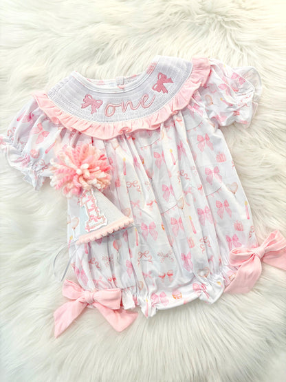 pink bow first birthday girl romper pink and white outfit, pink white smocked bubble romper first birthday winter bows ruffle bows  embroidered smocked long sleeve 1st birthday outfit romper baby girls
