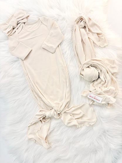 hand embroidered baby gown with flowers for baby girl, personalized baby shower gift for girl, light pink blush beige cream baby gift, newborn swaddle headband, coming home outfit, baby shower gift set, pregnancy announcement, custom newborn baby gown with name, hand embroidered baby gift set, the mod mango baby boutique co