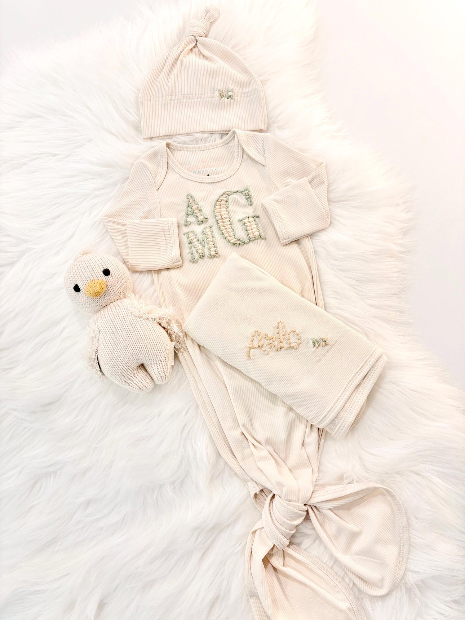 hand embroidered baby gown striped initials for baby boy, personalized baby shower gift for boy, sage green cream tan beige cream baby gift, newborn swaddle and hat, coming home outfit, baby shower gift set, pregnancy announcement, custom newborn baby gown with name, hand embroidered baby gift set, the mod mango baby boutique co