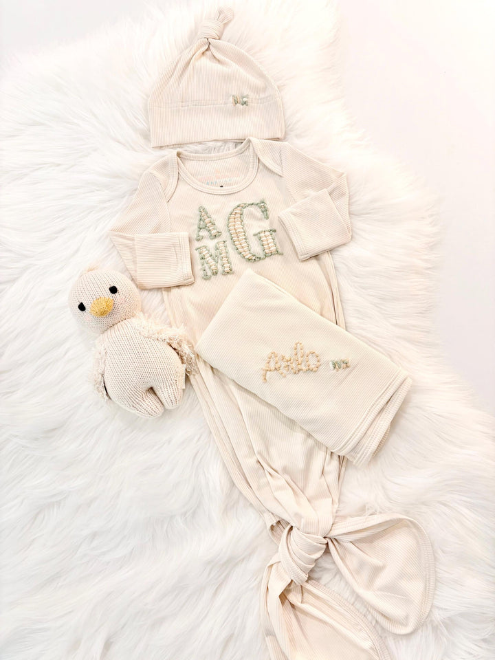 hand embroidered baby gown striped initials for baby boy, personalized baby shower gift for boy, sage green cream tan beige cream baby gift, newborn swaddle and hat, coming home outfit, baby shower gift set, pregnancy announcement, custom newborn baby gown with name, hand embroidered baby gift set, the mod mango baby boutique co