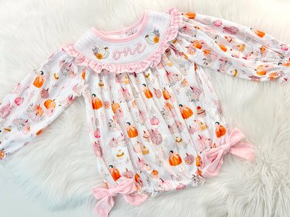pink pumpkin bow first birthday girl romper blush pink orange floral and white outfit, pink and white gingham smocked bubble romper first birthday fall pumpkins ruffle bows embroidered smocked long sleeve 1st birthday outfit romper baby girls, the mod mango, the mod mango baby co baby boutique
