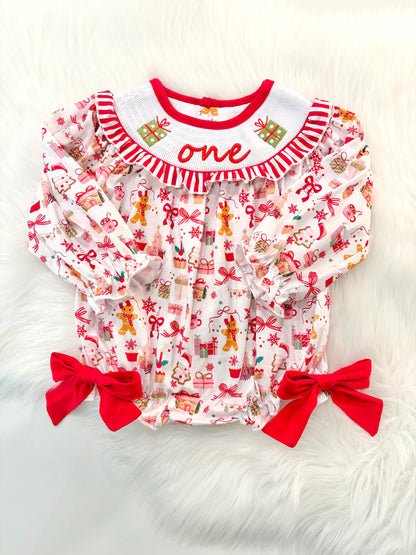 red christmas bow oh what fun it is to be one first birthday girl romper red green white pink outfit, red and white striped stripes ruffle smocked bubble romper first birthday holiday christmas ruffle bows embroidered smocked long sleeve 1st birthday outfit romper baby girls, the mod mango, the mod mango baby co baby boutique