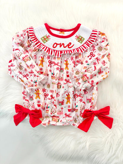 red christmas bow oh what fun it is to be one first birthday girl romper red green white pink outfit, red and white striped stripes ruffle smocked bubble romper first birthday holiday christmas ruffle bows embroidered smocked long sleeve 1st birthday outfit romper baby girls, the mod mango, the mod mango baby co baby boutique