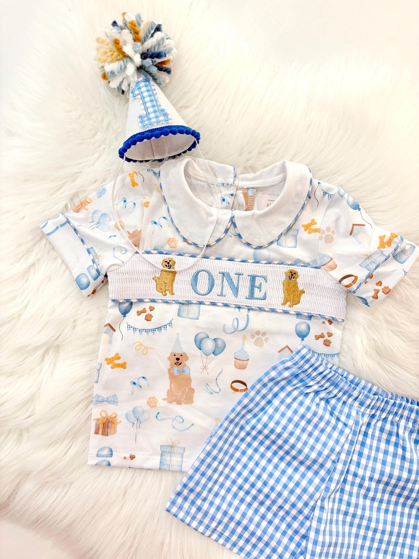 one golden year shirt first birthday boy shorts outfit blue white gingham blue tan beige gingham checkered outfit, ONE smocked bubble shirt first birthday puppy dog golden retriever, party puppy embroidered smocked 1st birthday outfit romper baby boys neutral blue and white shorts set, the mod mango baby boutique co