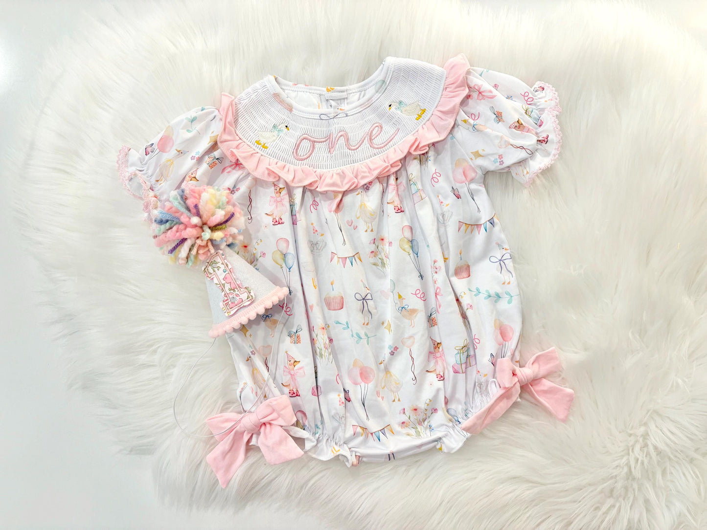 one silly goose girls first birthday bubble romper outfit pink bows first birthday girl romper pink and white outfit, pink sage green smocked dress first birthday embroidered goose smocked short sleeve 1st birthday outfit ruffle dress baby girls