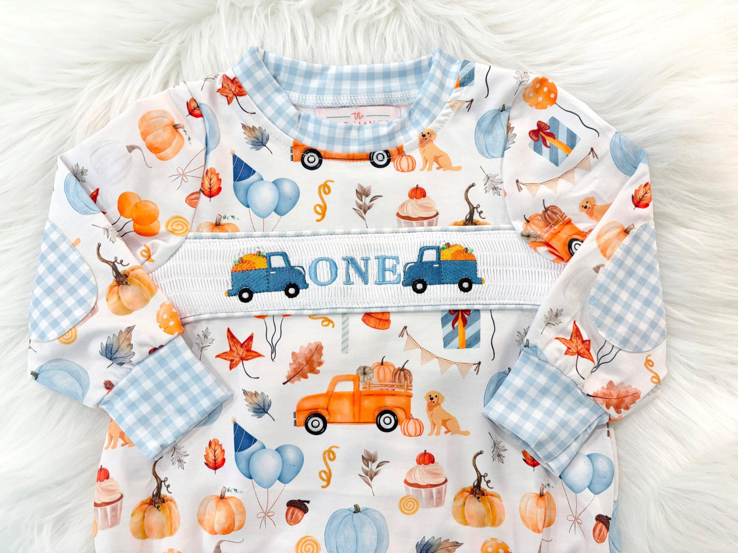 little pumpkin one shirt first birthday boy romper fall orange blue white gingham checkered outfit, ONE smocked bubble romper first birthday fall pumpkins puppy dog truck leaves blue pumpkin, pumpkin truck embroidered smocked 1st birthday outfit romper baby boys, the mod mango baby co baby boutique