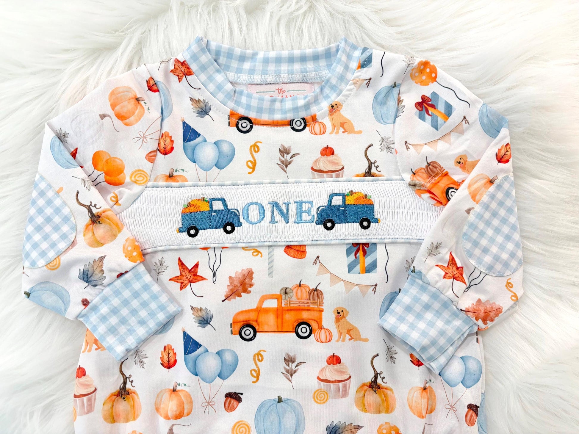little pumpkin one shirt first birthday boy romper fall orange blue white gingham checkered outfit, ONE smocked bubble romper first birthday fall pumpkins puppy dog truck leaves blue pumpkin, pumpkin truck embroidered smocked 1st birthday outfit romper baby boys, the mod mango baby co baby boutique