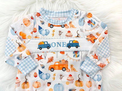 little pumpkin one shirt first birthday boy romper fall orange blue white gingham checkered outfit, ONE smocked bubble romper first birthday fall pumpkins puppy dog truck leaves blue pumpkin, pumpkin truck embroidered smocked 1st birthday outfit romper baby boys, the mod mango baby co baby boutique
