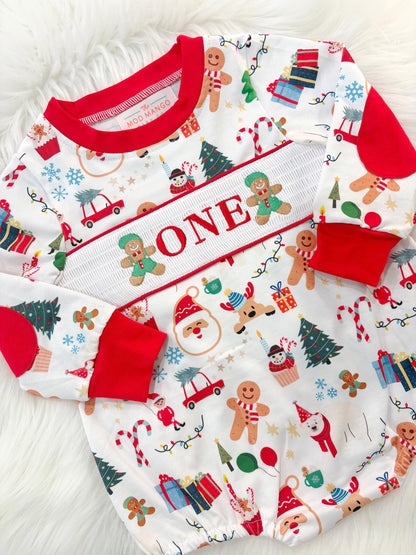 christmas gingerbread one shirt first birthday boy romper red white green blue tan holiday outfit, ONE smocked bubble romper first birthday christmas oh what fun candy canes christmas trees boys, santa claus embroidered smocked 1st birthday outfit romper baby boys, the mod mango baby co baby boutique