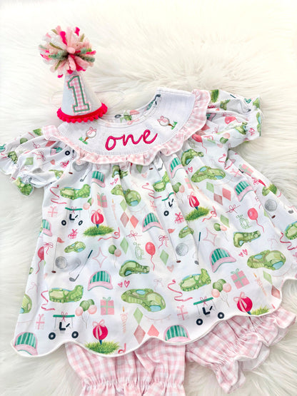 hole in one golf outfit shirt and bubble shorts first birthday girl romper spring baby pink and white gingham argyle green hot pink scalloped shirt shorts outfit, ONE smocked romper first birthday par tee, golfing golf balls embroidered smocked 1st birthday outfit romper baby girls golf first birthday outfit