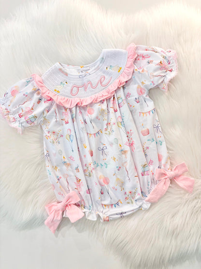 one silly goose girls first birthday bubble romper outfit pink bows first birthday girl romper pink and white outfit, pink sage green smocked dress first birthday embroidered  goose smocked short sleeve 1st birthday outfit ruffle dress baby girls