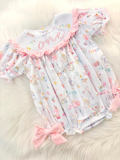 one silly goose girls first birthday bubble romper outfit pink bows first birthday girl romper pink and white outfit, pink sage green smocked dress first birthday embroidered  goose smocked short sleeve 1st birthday outfit ruffle dress baby girls